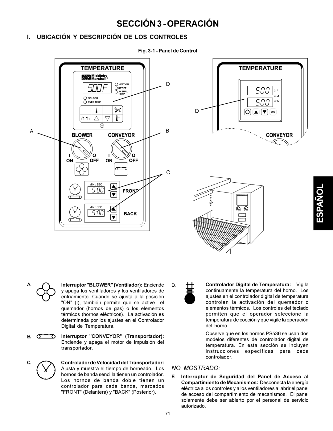 Middleby Marshall Model PS536 installation manual Sección 3 Operación, Ubicación Y Descripción DE LOS Controles 