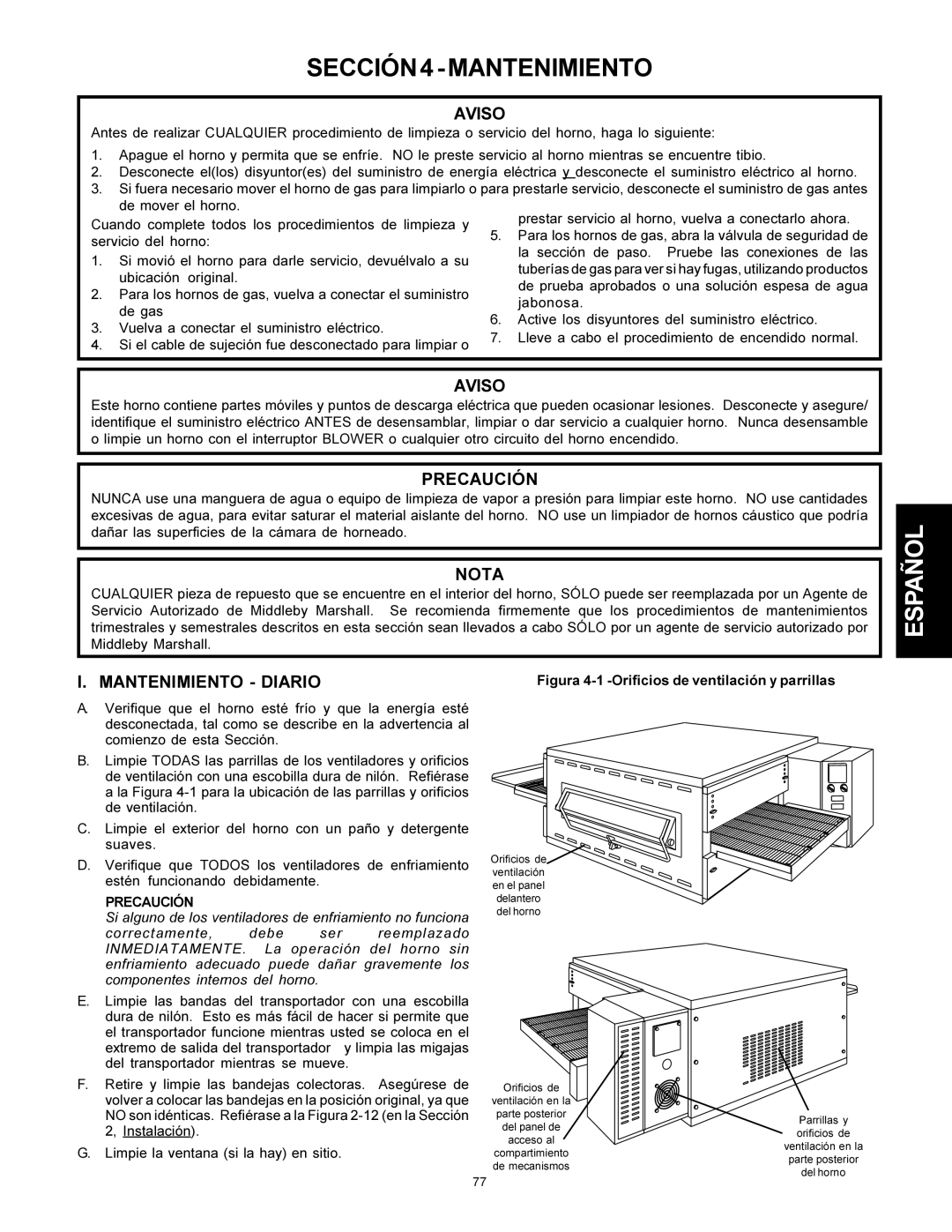 Middleby Marshall Model PS536 installation manual SECCIÓN4-MANTENIMIENTO, Aviso, Nota, Mantenimiento Diario, Precaución 