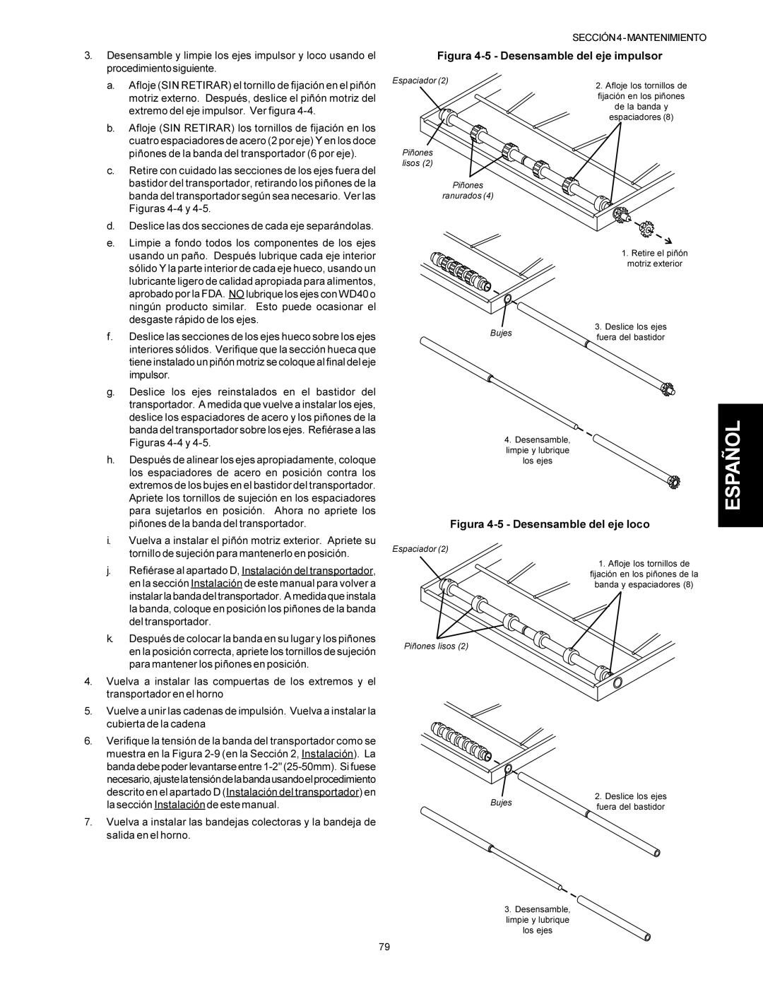 Middleby Marshall Model PS536 installation manual Figura 4-5 Desensamble del eje impulsor 