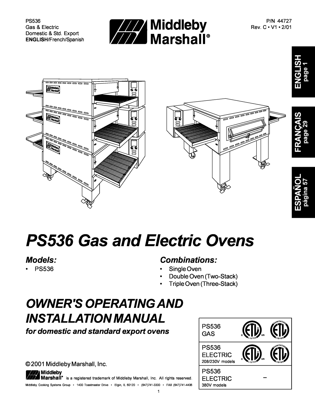 Middleby Marshall Model PS536 installation manual PS536 Gas and Electric Ovens, Owners Operating And Installation Manual 