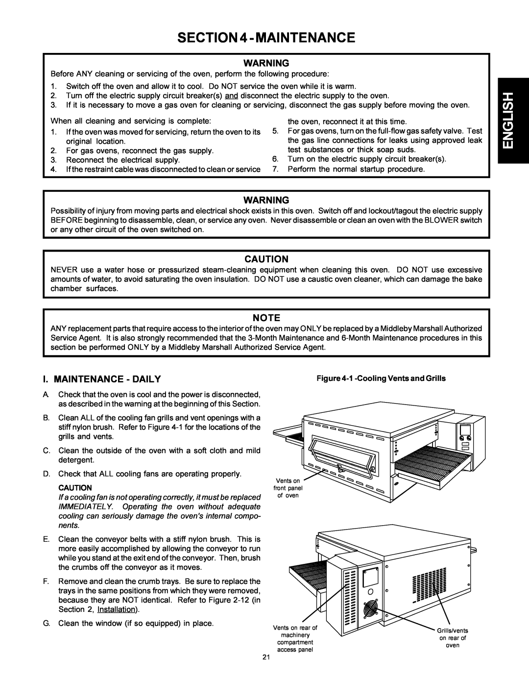 Middleby Marshall Model PS536 installation manual I. Maintenance - Daily, 1 -Cooling Vents and Grills 