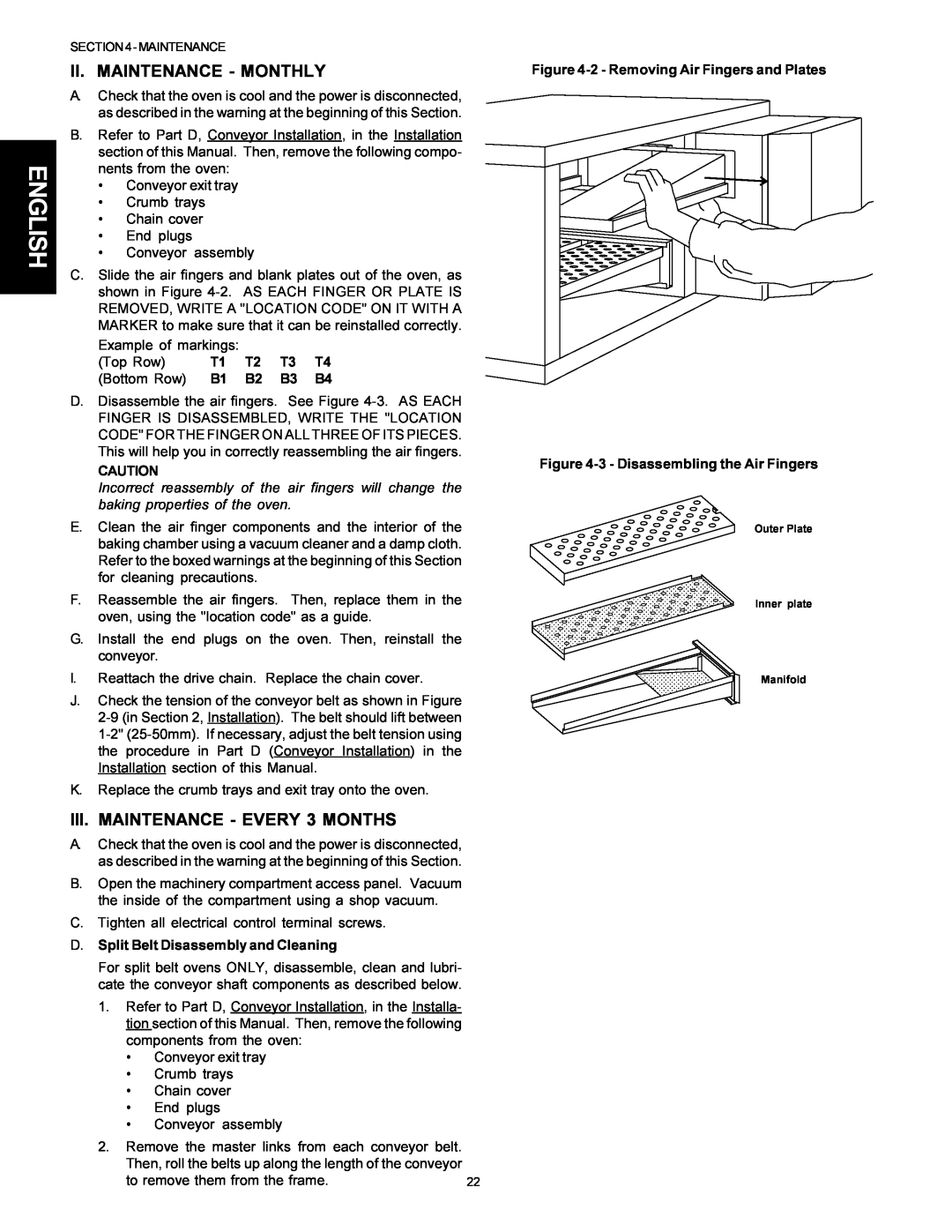 Middleby Marshall Model PS536 installation manual English, Ii. Maintenance - Monthly, III. MAINTENANCE - EVERY 3 MONTHS 