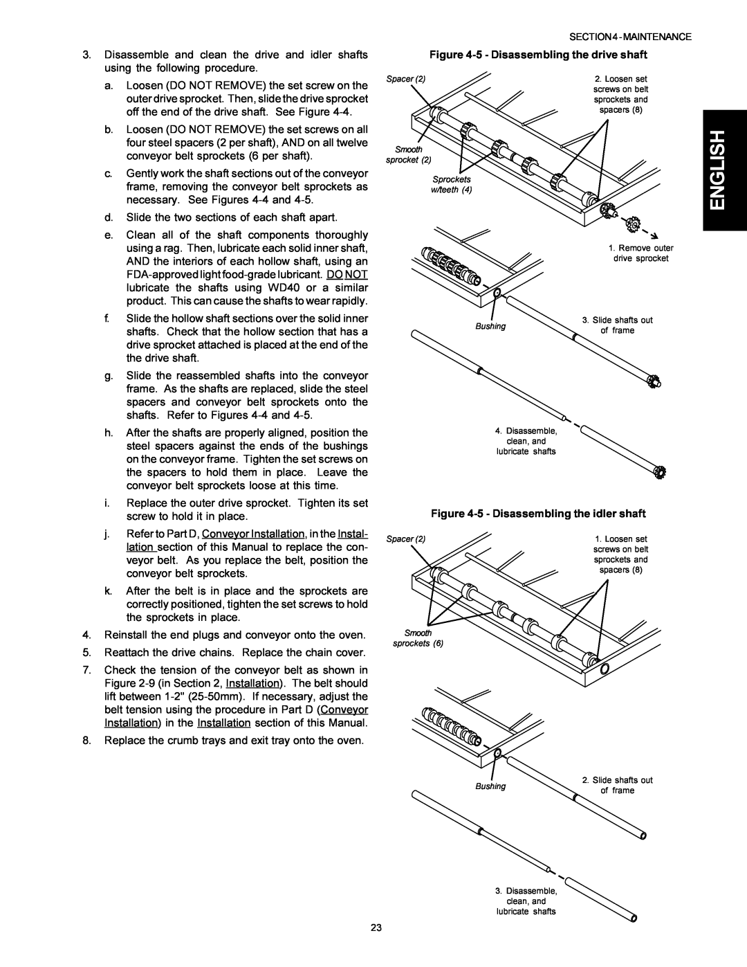 Middleby Marshall Model PS536 installation manual 5 - Disassembling the drive shaft, 5 - Disassembling the idler shaft 