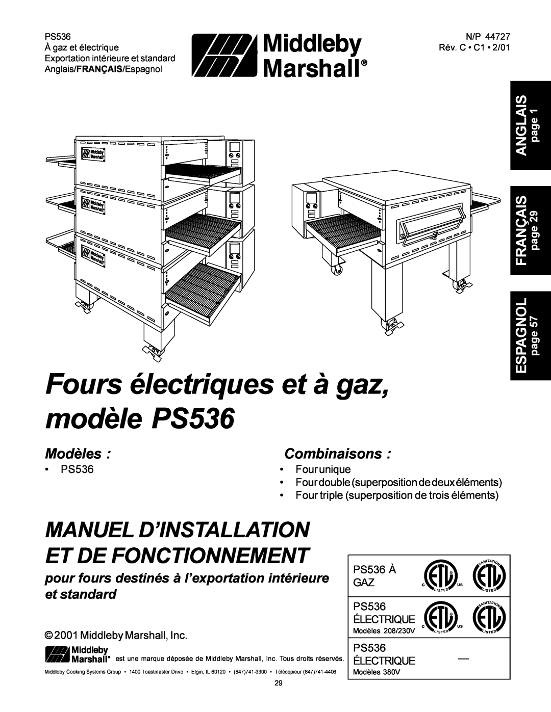 Middleby Marshall Model PS536 Fours électriques et à gaz, modèle PS536, Manuel D’Installation Et De Fonctionnement 