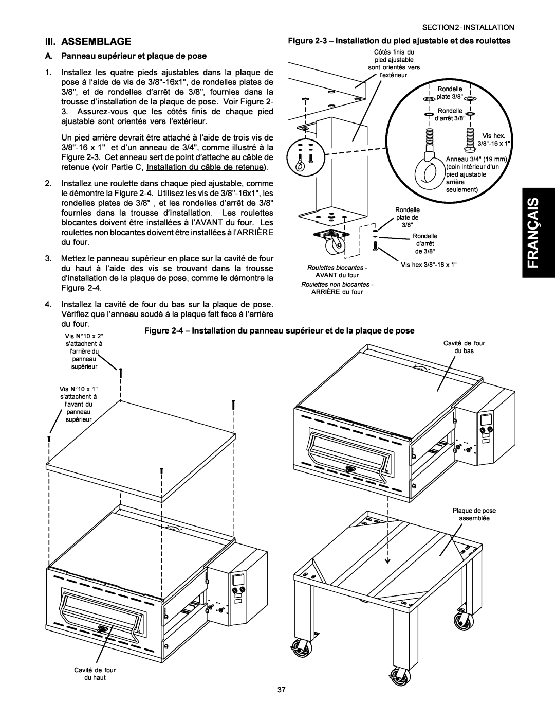 Middleby Marshall Model PS536 installation manual Français, Iii. Assemblage, A. Panneau supérieur et plaque de pose 