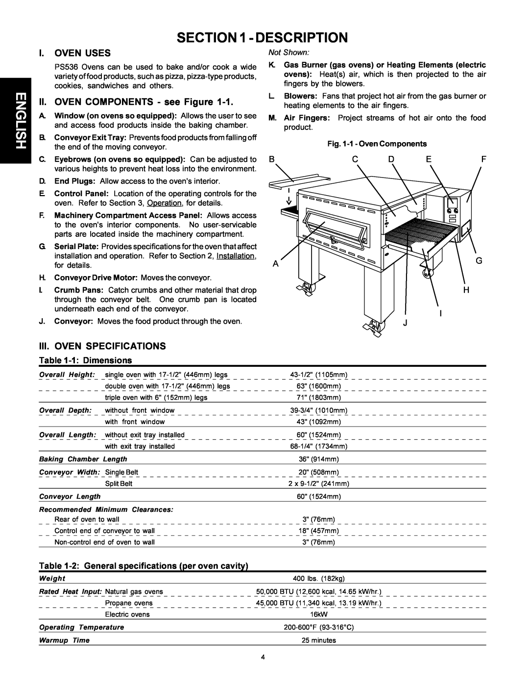 Middleby Marshall Model PS536 Description, English, I. Oven Uses, II. OVEN COMPONENTS - see Figure, 1 - Oven Components 