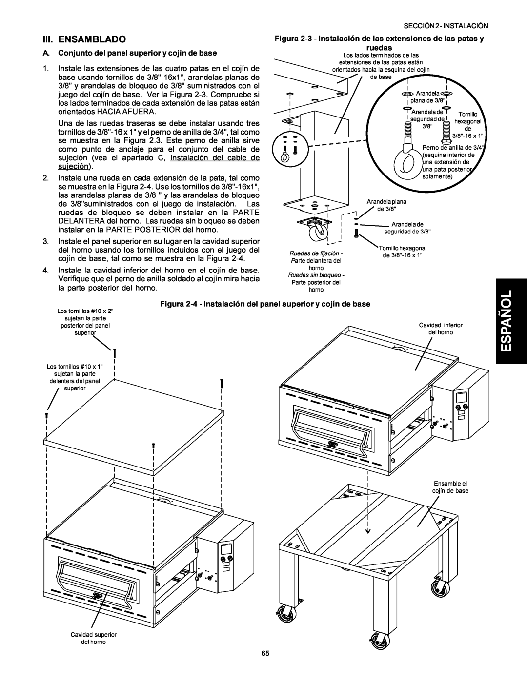 Middleby Marshall Model PS536 installation manual Español, Iii. Ensamblado, A. Conjunto del panel superior y cojín de base 