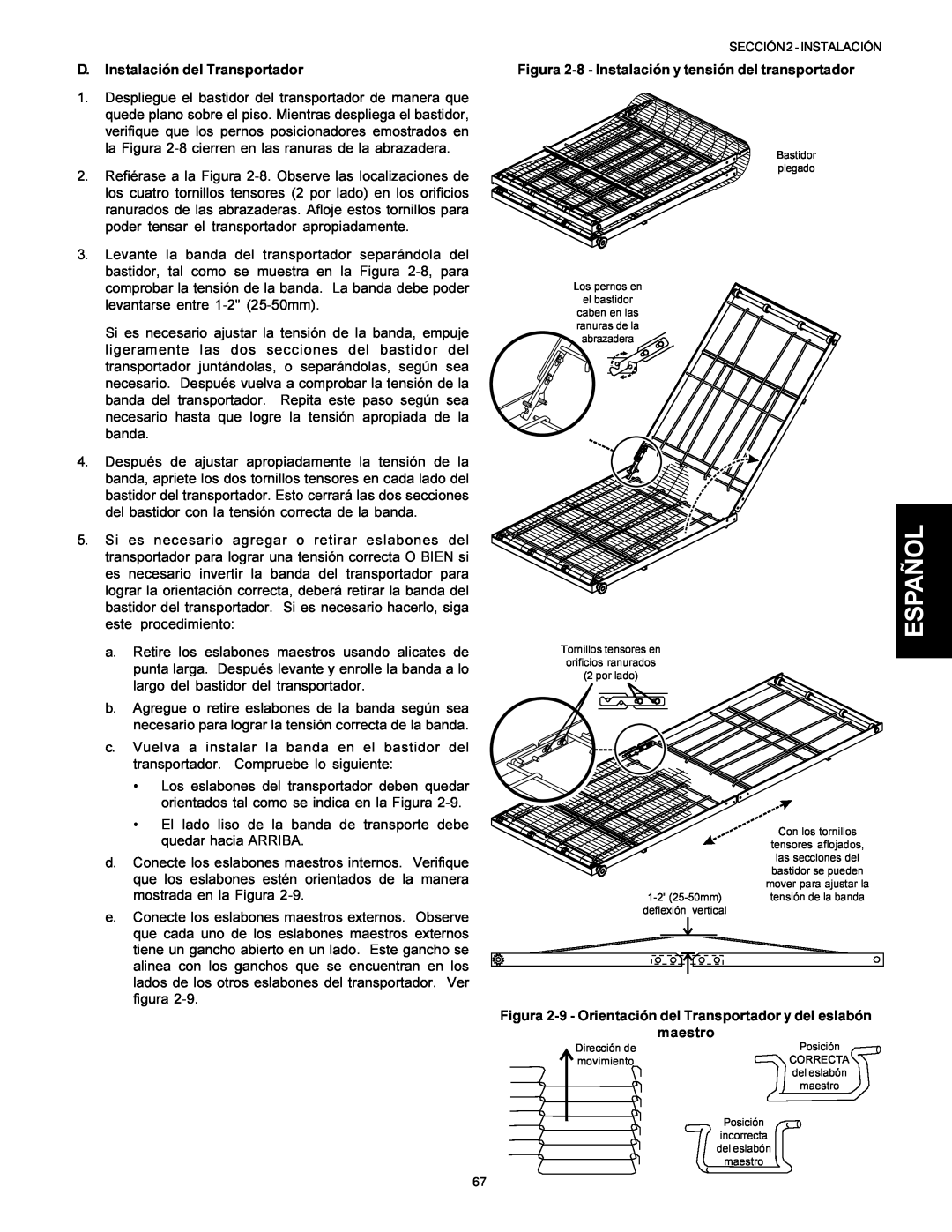 Middleby Marshall Model PS536 installation manual Español, D. Instalación del Transportador 