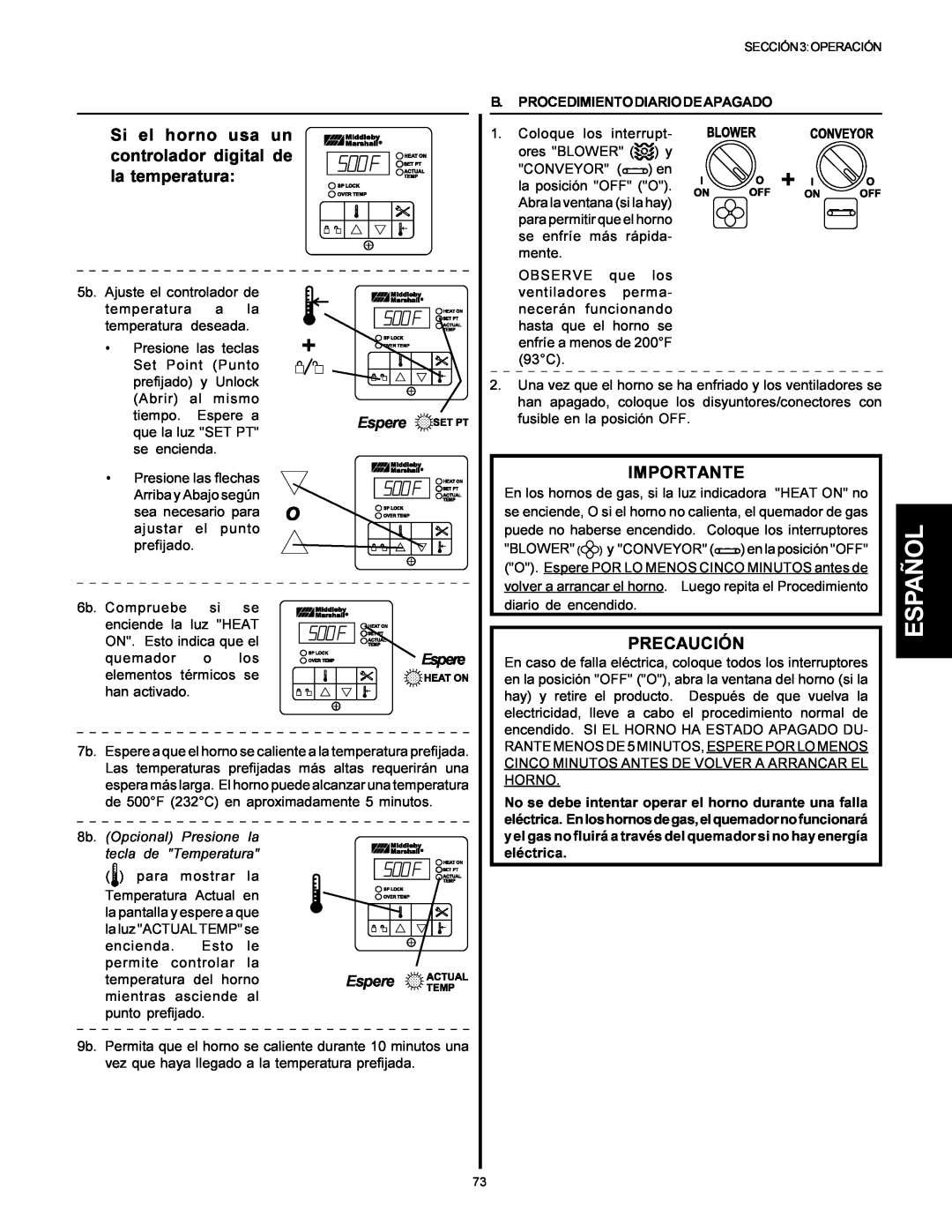 Middleby Marshall Model PS536 installation manual Español, Espere, B. Procedimientodiariodeapagado 