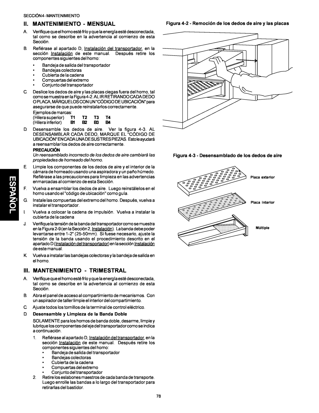 Middleby Marshall Model PS536 installation manual Español, Ii. Mantenimiento - Mensual, Iii. Mantenimiento - Trimestral 