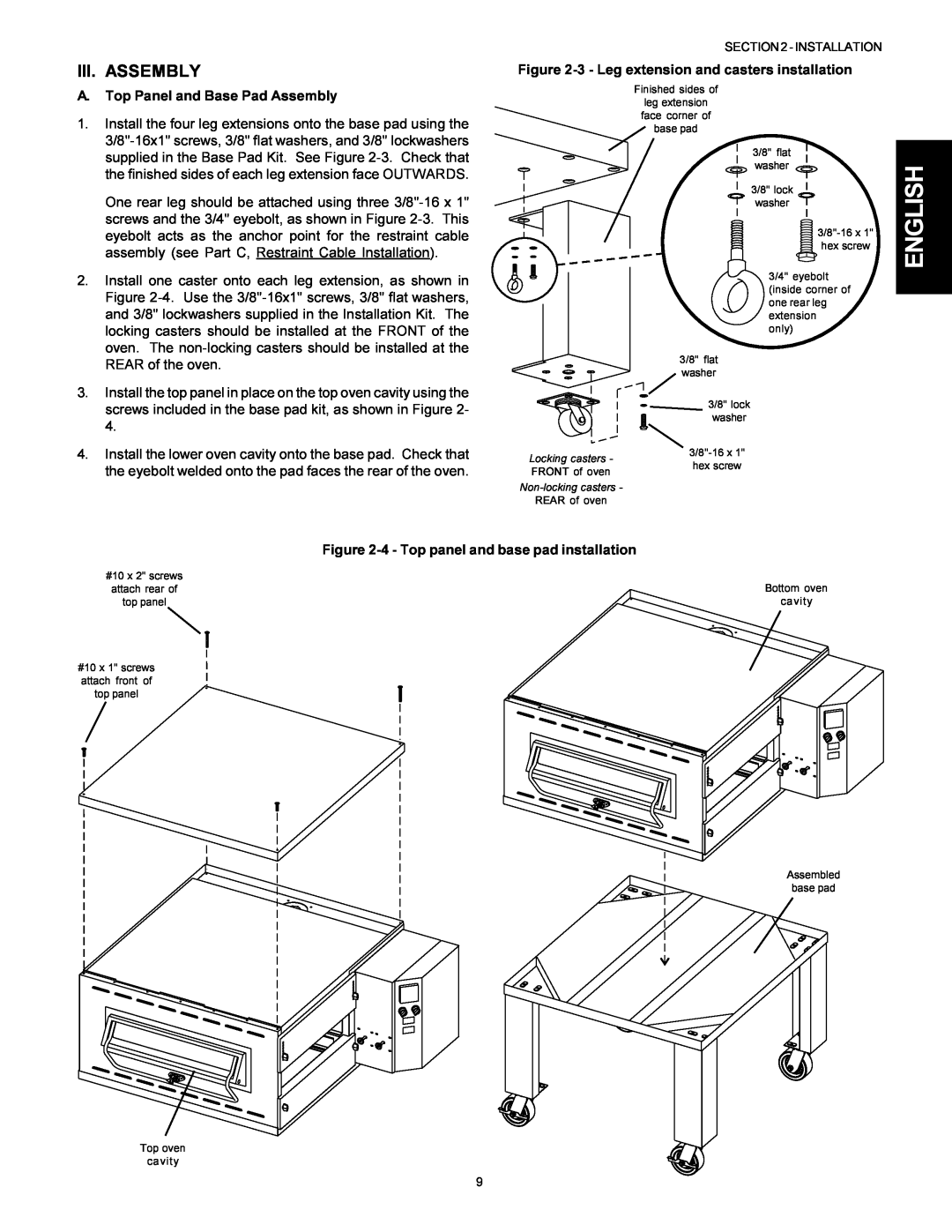 Middleby Marshall Model PS536 installation manual English, Iii. Assembly, 3 - Leg extension and casters installation 