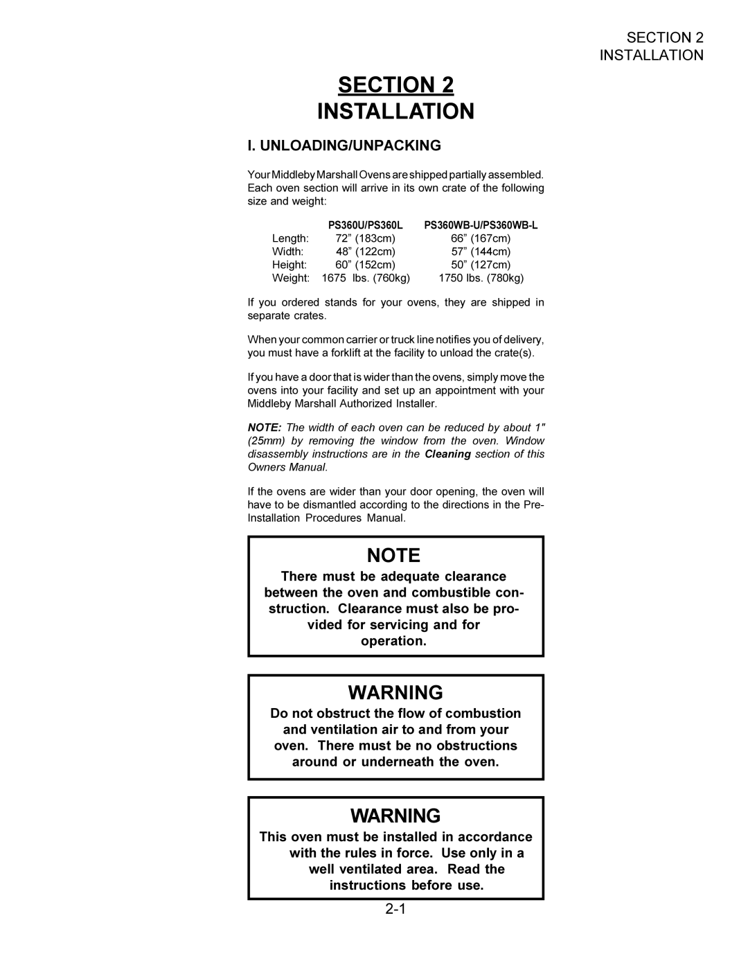 Middleby Marshall Oven owner manual Section Installation, Unloading/Unpacking 