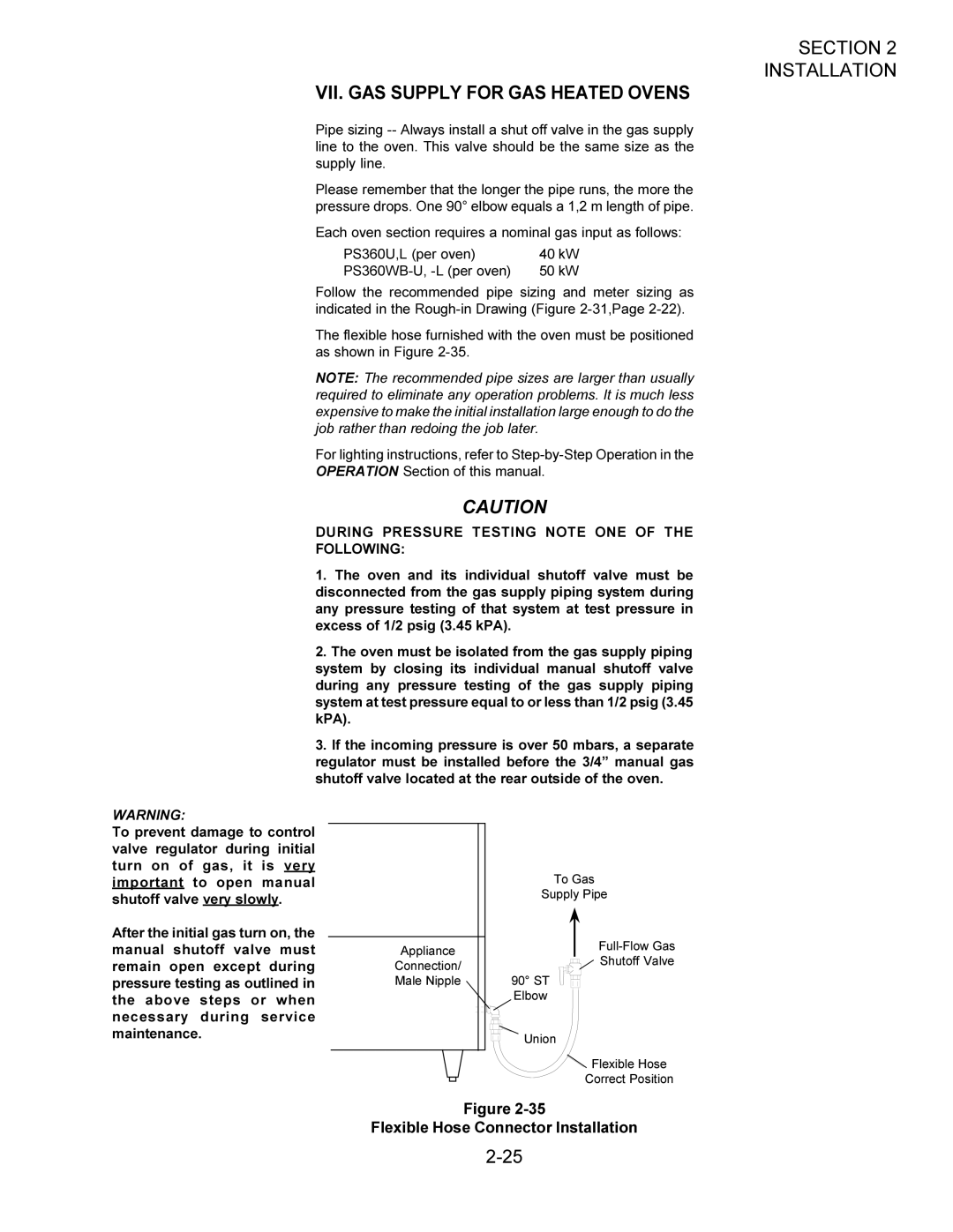 Middleby Marshall owner manual VII. GAS Supply for GAS Heated Ovens, Flexible Hose Connector Installation 