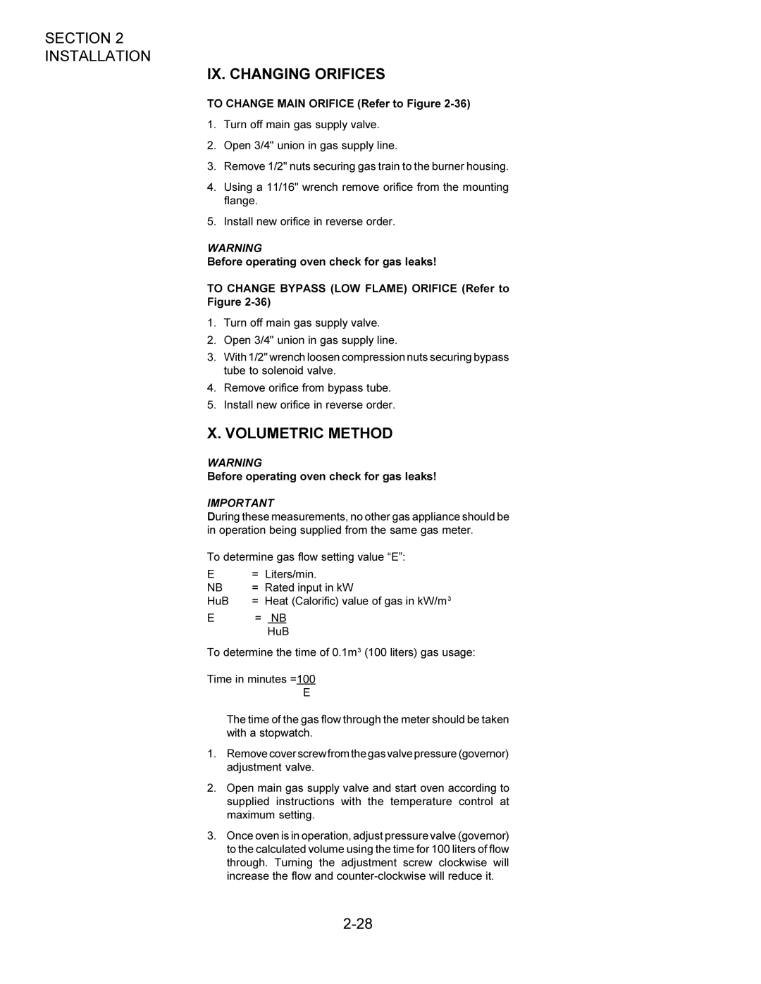 Middleby Marshall Oven owner manual IX. Changing Orifices, Volumetric Method 