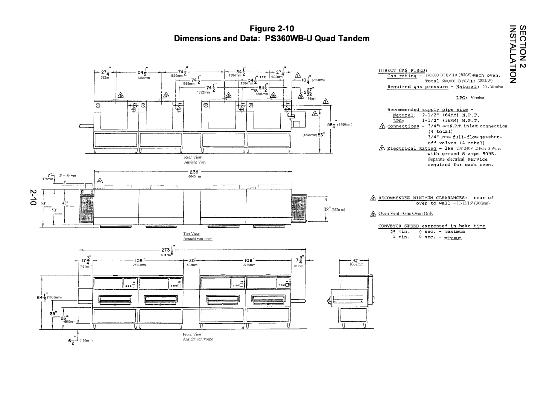 Middleby Marshall Oven owner manual Dimensions and Data PS360WB-U Quad Tandem, 2-10, Installation 