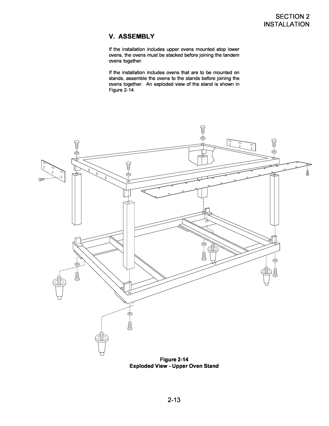 Middleby Marshall owner manual V. Assembly, 2-13, Exploded View - Upper Oven Stand, Section Installation 