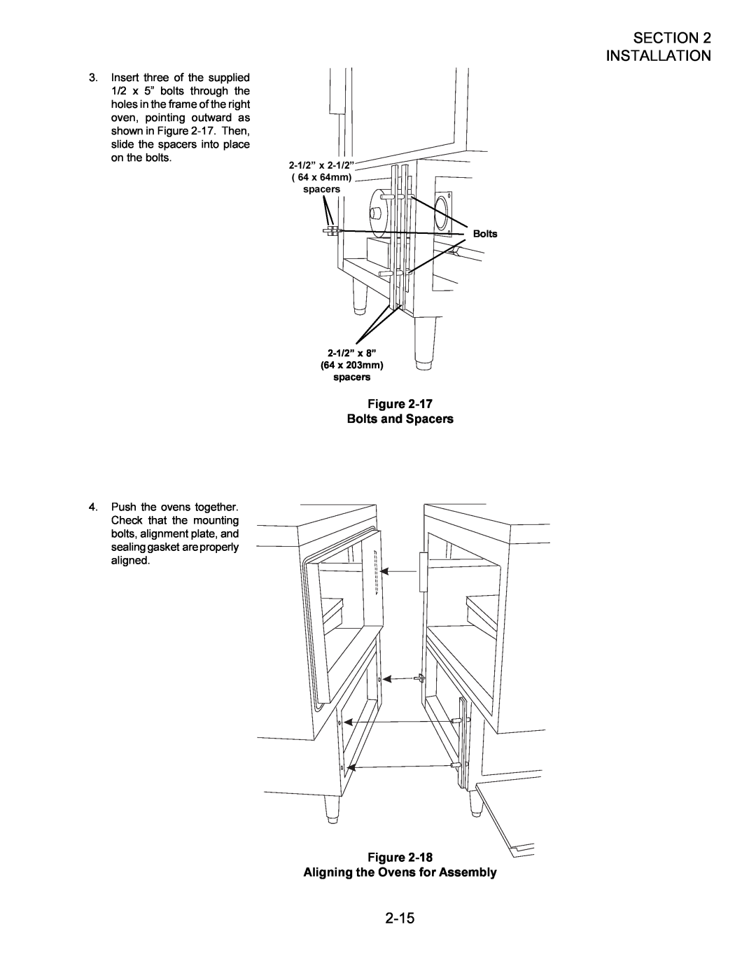 Middleby Marshall owner manual 2-15, Bolts and Spacers, Aligning the Ovens for Assembly, Section Installation, spacers 
