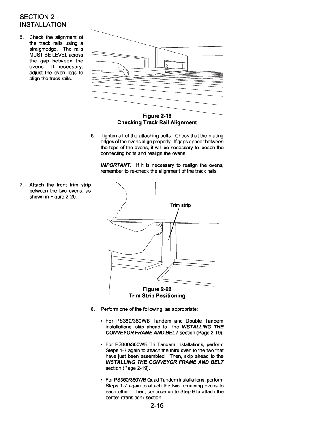 Middleby Marshall Oven owner manual 2-16, Checking Track Rail Alignment, Trim Strip Positioning, Section Installation 