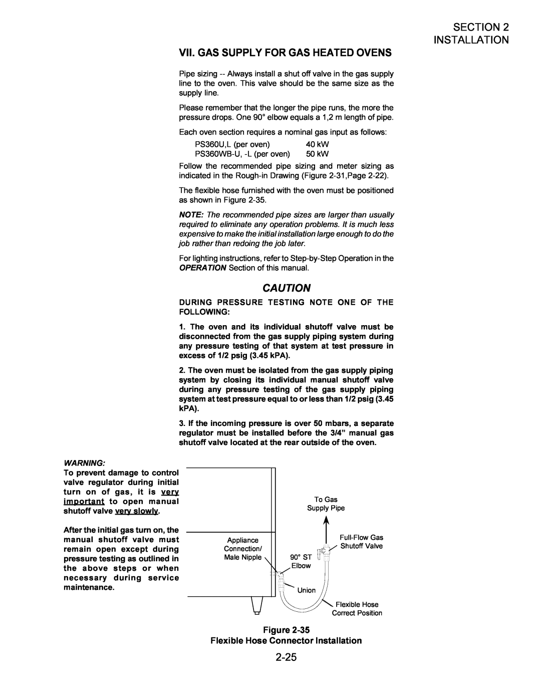 Middleby Marshall owner manual Vii. Gas Supply For Gas Heated Ovens, 2-25, Flexible Hose Connector Installation 