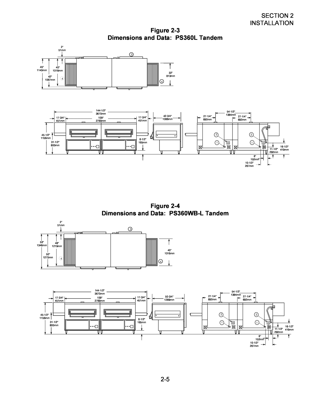 Middleby Marshall Oven Dimensions and Data PS360L Tandem, Dimensions and Data PS360WB-L Tandem, Section Installation 