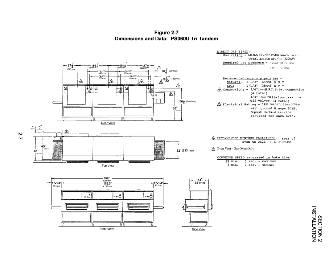 Middleby Marshall Oven owner manual Dimensions and Data PS360U Tri Tandem, Installation, Section 
