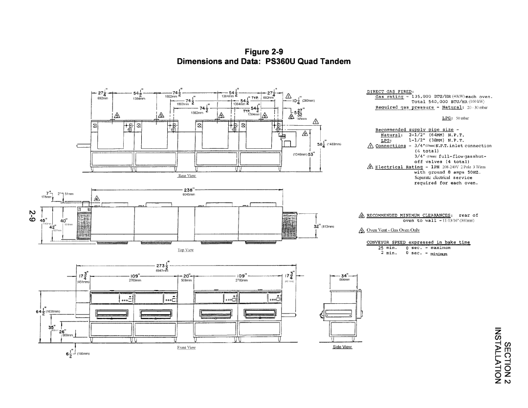 Middleby Marshall Oven owner manual Dimensions and Data PS360U Quad Tandem, Installation, Section 