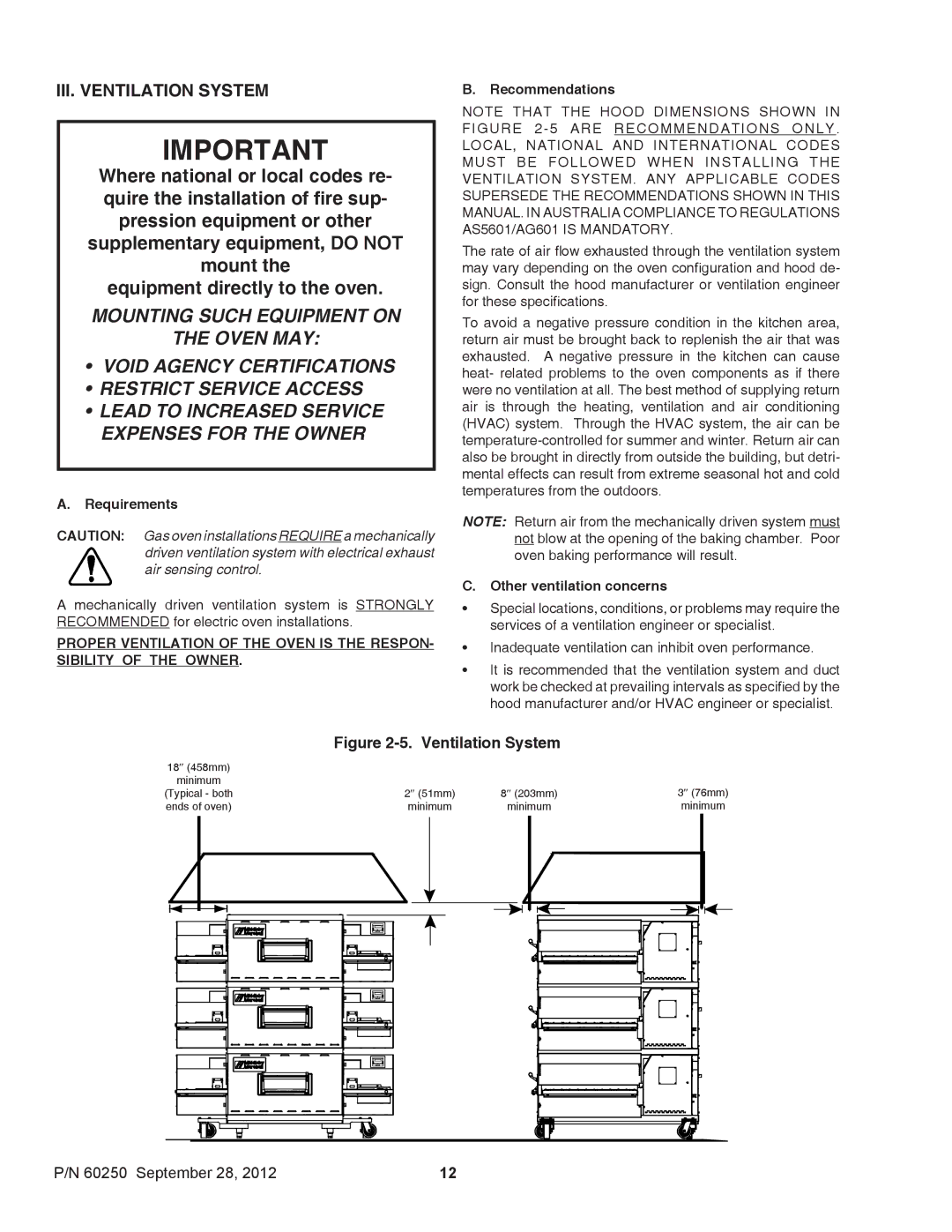 Middleby Marshall P/N 60250 III. Ventilation System, Requirements, Recommendations, Other ventilation concerns 