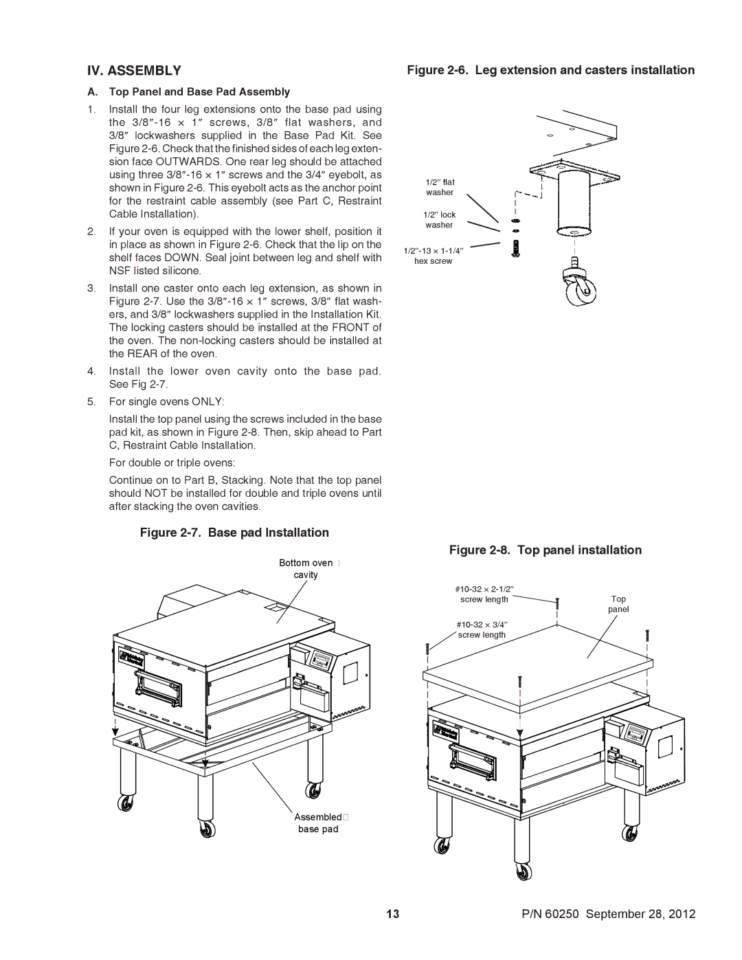 Middleby Marshall P/N 60250 installation manual IV. Assembly, Top Panel and Base Pad Assembly 