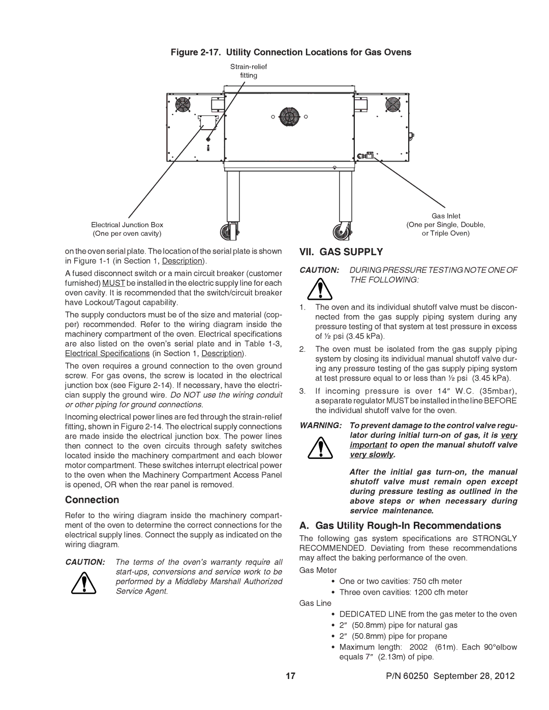 Middleby Marshall P/N 60250 installation manual Connection, VII. GAS Supply 