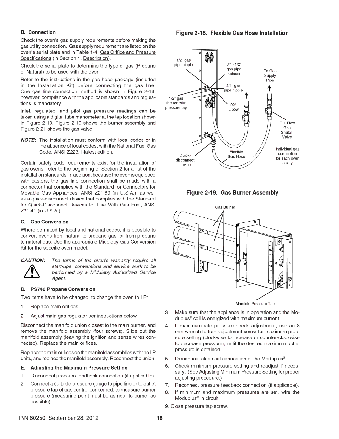 Middleby Marshall P/N 60250 Connection, Gas Conversion, PS740 Propane Conversion, Adjusting the Maximum Pressure Setting 