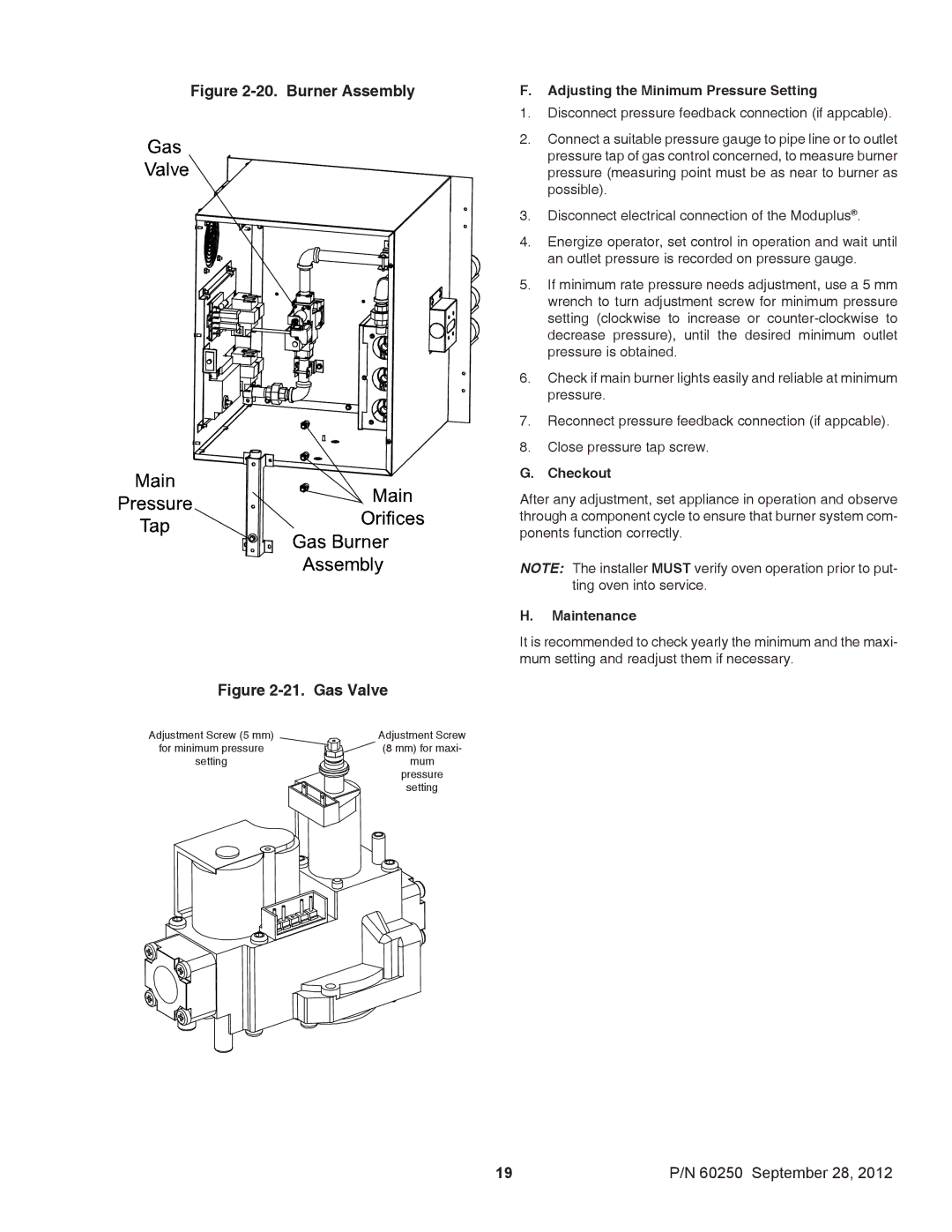 Middleby Marshall P/N 60250 installation manual Adjusting the Minimum Pressure Setting, Checkout, Maintenance 