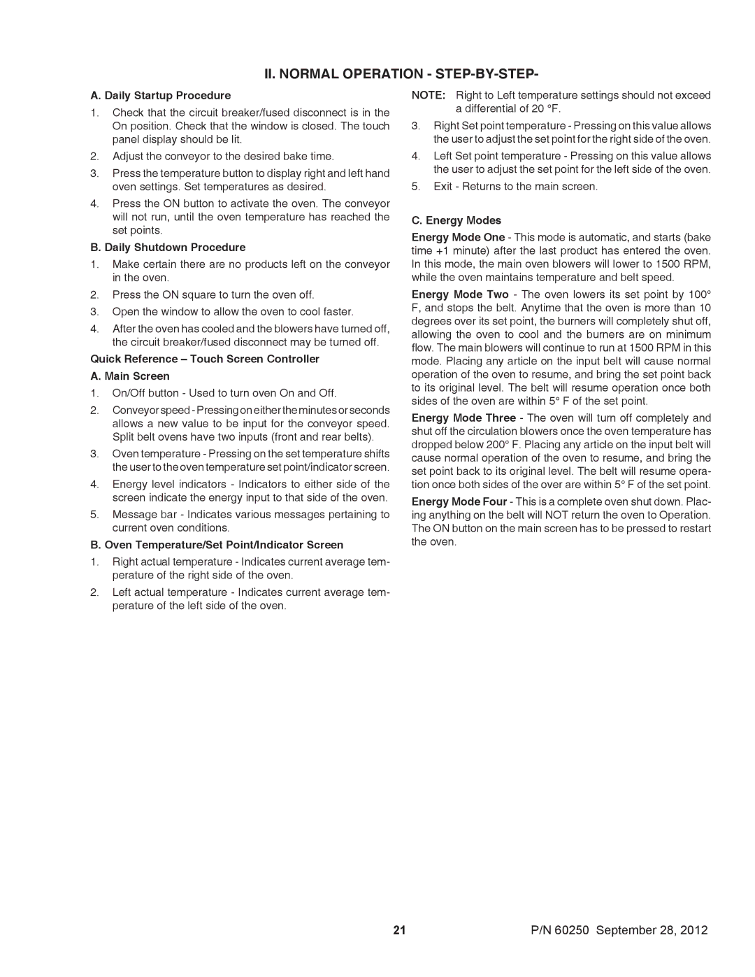 Middleby Marshall P/N 60250 installation manual II. Normal Operation STEP-BY-STEP 