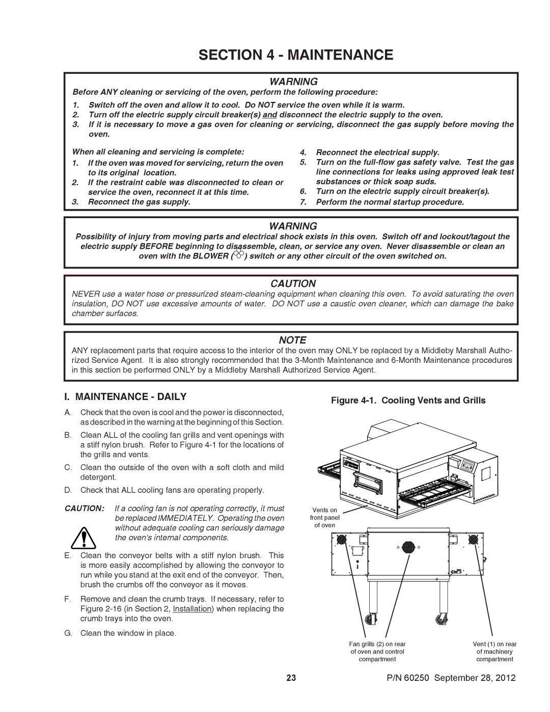 Middleby Marshall P/N 60250 installation manual Maintenance Daily 