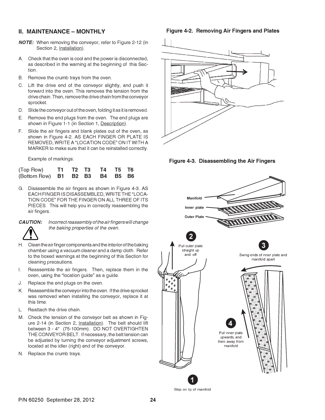 Middleby Marshall P/N 60250 installation manual II. Maintenance Monthly, Top Row Bottom Row 