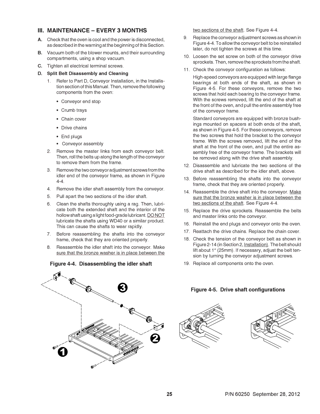 Middleby Marshall P/N 60250 installation manual III. Maintenance Every 3 Months, Split Belt Disassembly and Cleaning 