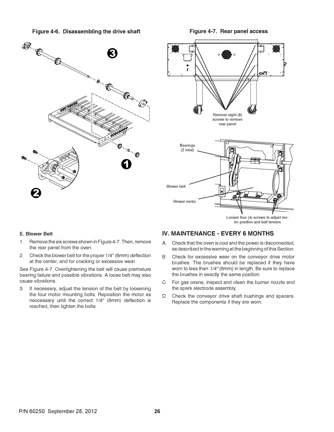 Middleby Marshall P/N 60250 installation manual IV. Maintenance Every 6 Months, Blower Belt 