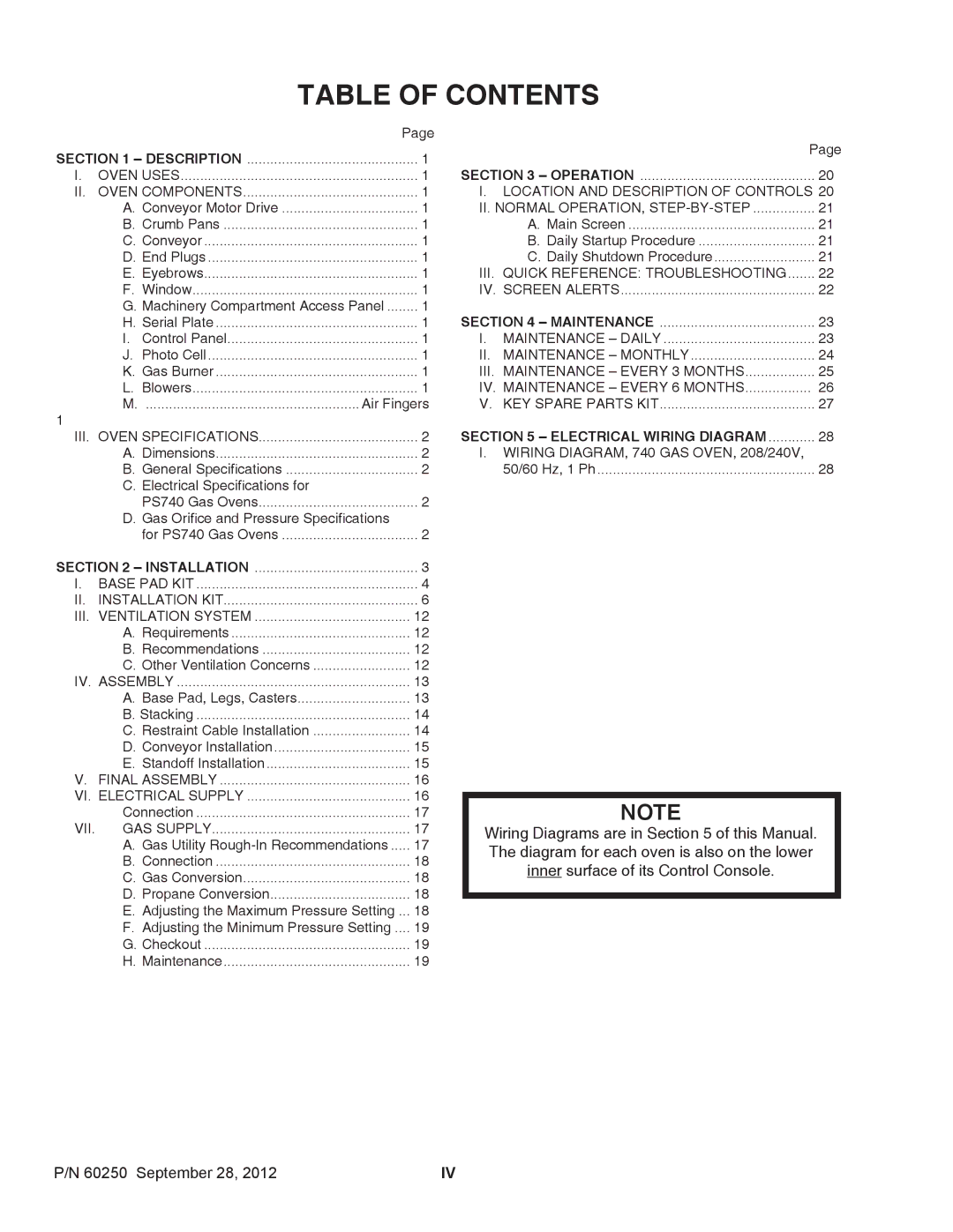 Middleby Marshall P/N 60250 installation manual Table of Contents 