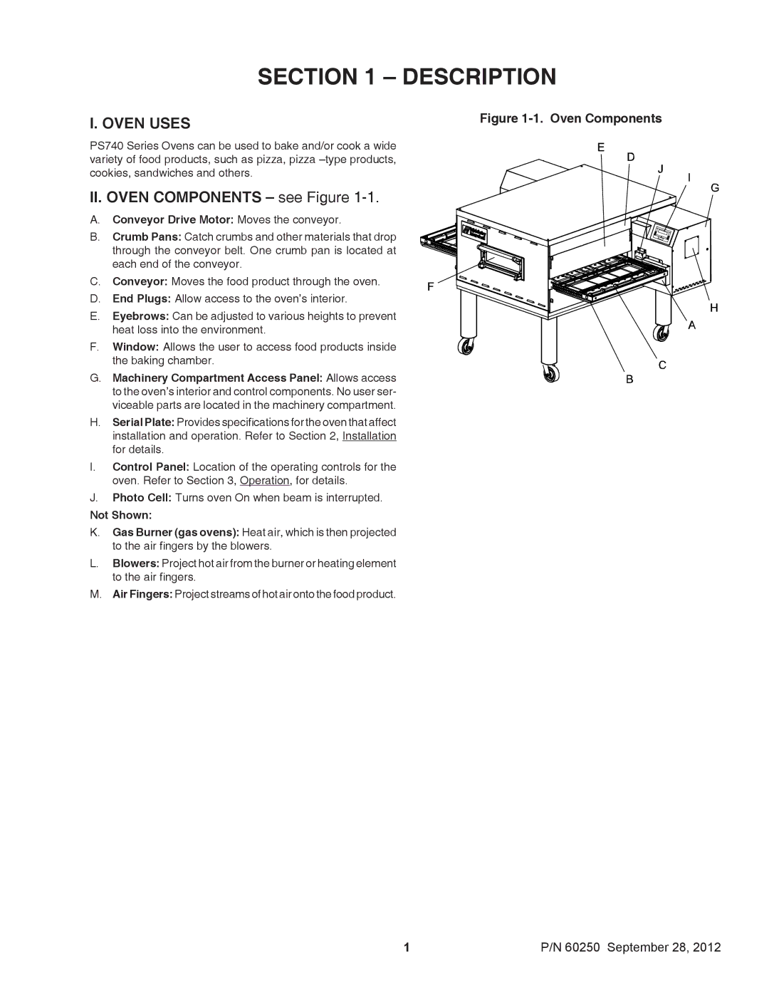 Middleby Marshall P/N 60250 installation manual Oven Uses, Conveyor Drive Motor Moves the conveyor 