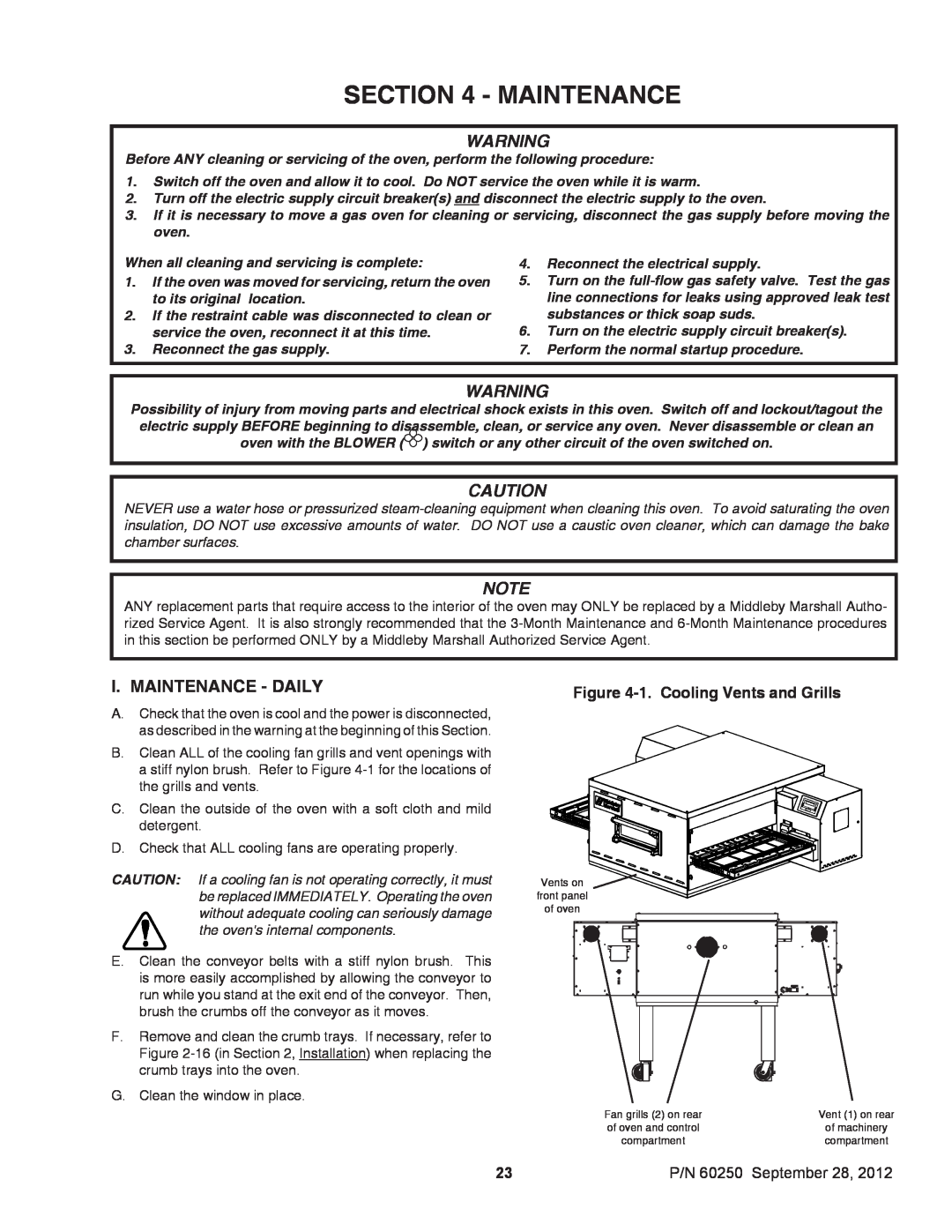 Middleby Marshall installation manual I. Maintenance - Daily, 1. Cooling Vents and Grills, P/N 60250 September 