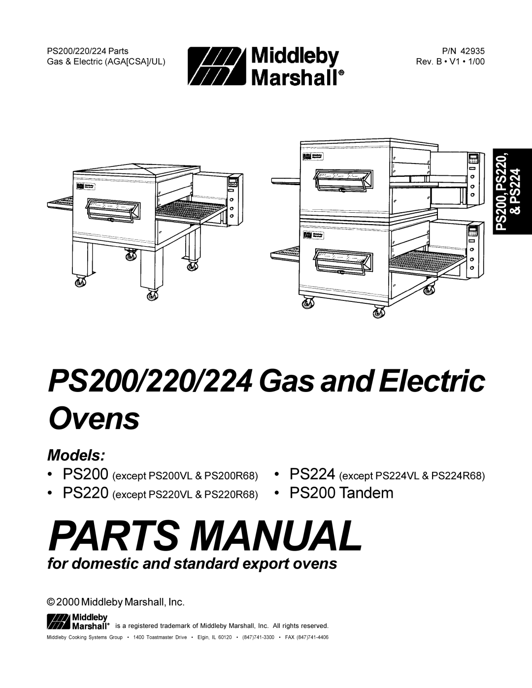 Middleby Marshall PS220, PS200 Tandem, PS224 manual Parts Manual 