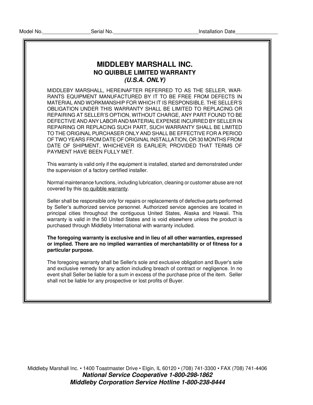 Middleby Marshall PS200-R68 installation manual Middleby Marshall INC 