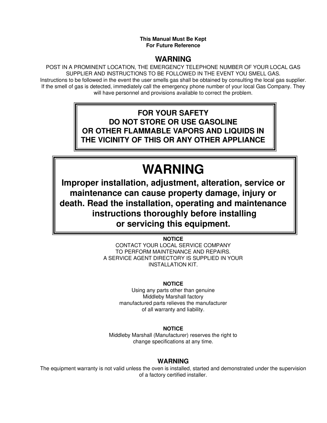 Middleby Marshall PS200-R68 installation manual This Manual Must Be Kept For Future Reference 