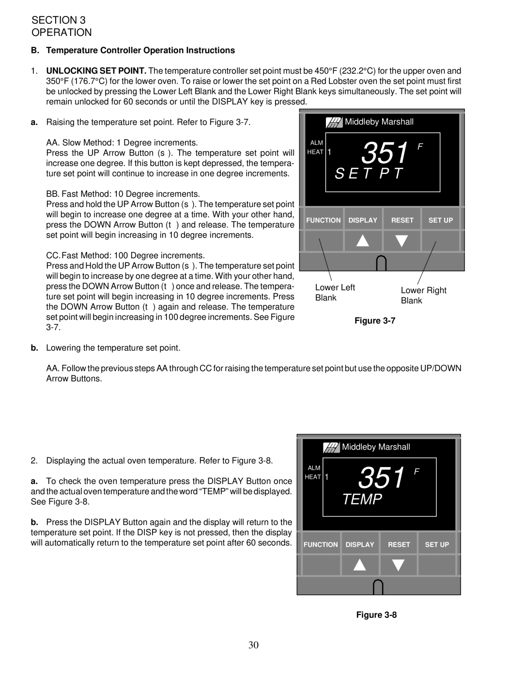 Middleby Marshall PS200-R68 installation manual 351 F, Temperature Controller Operation Instructions 