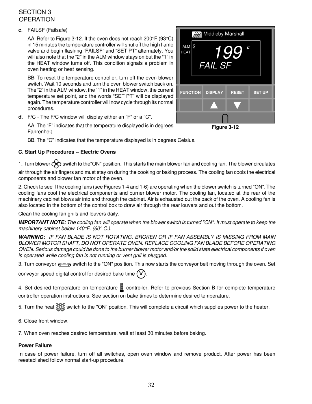 Middleby Marshall PS200-R68 installation manual Start Up Procedures -- Electric Ovens, Power Failure 