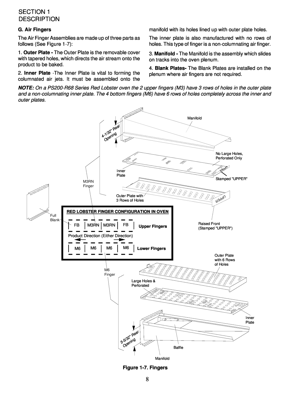 Middleby Marshall PS200-R68 Section Description, G. Air Fingers, 7.Fingers, Red Lobster Finger Configuration In Oven 