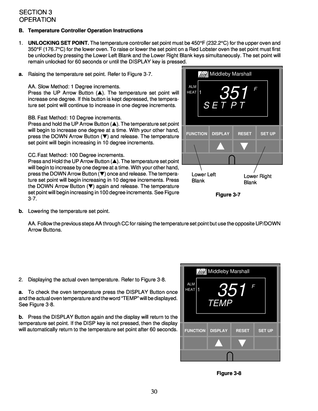 Middleby Marshall PS200-R68 351 F, S E T P T, Section Operation, B. Temperature Controller Operation Instructions 