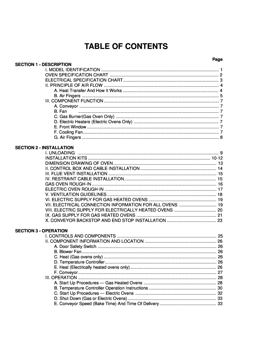 Middleby Marshall PS200-R68 installation manual Table Of Contents, Page, Description, Installation, Operation 