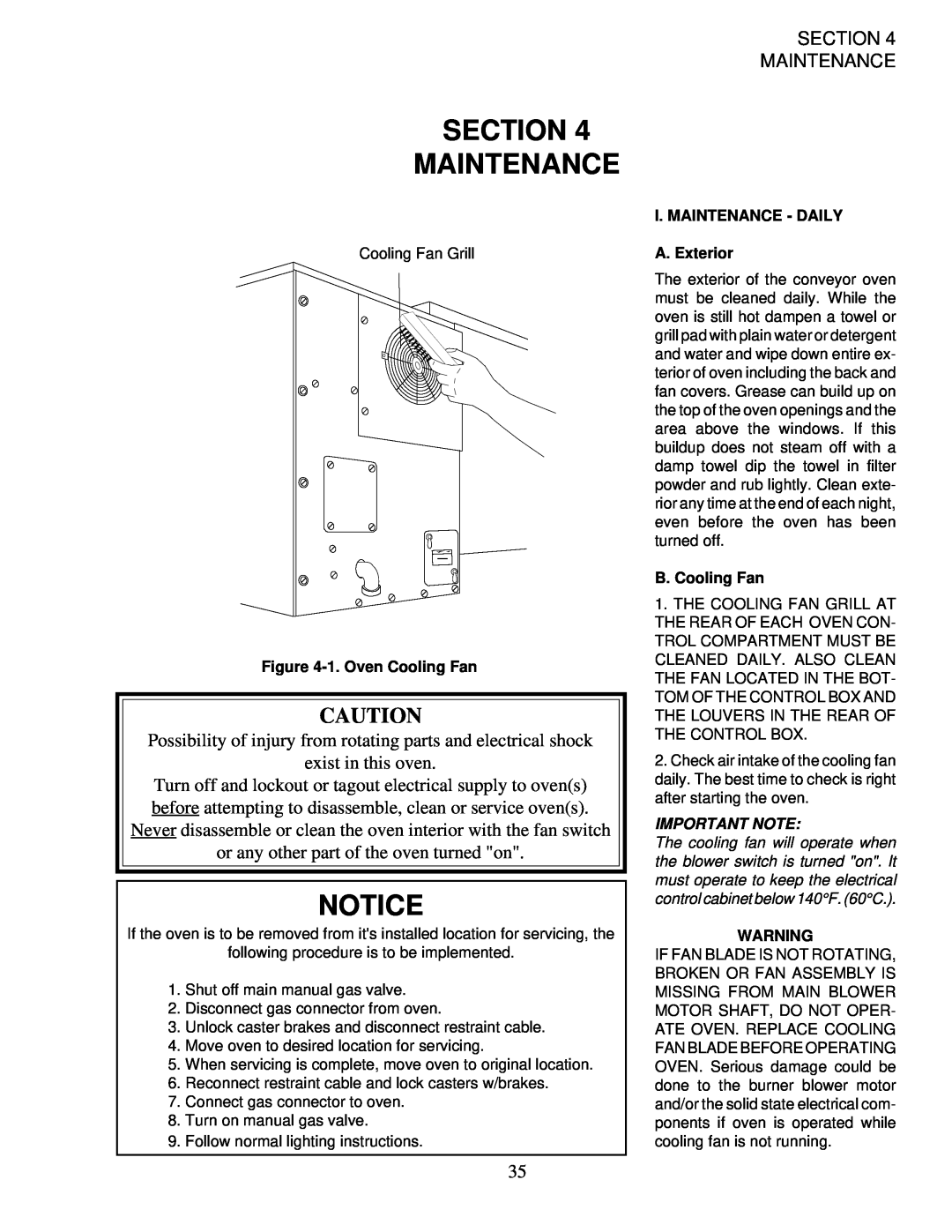 Middleby Marshall PS200-R68 Section Maintenance, Notice, 1.Oven Cooling Fan, I. MAINTENANCE - DAILY A. Exterior 