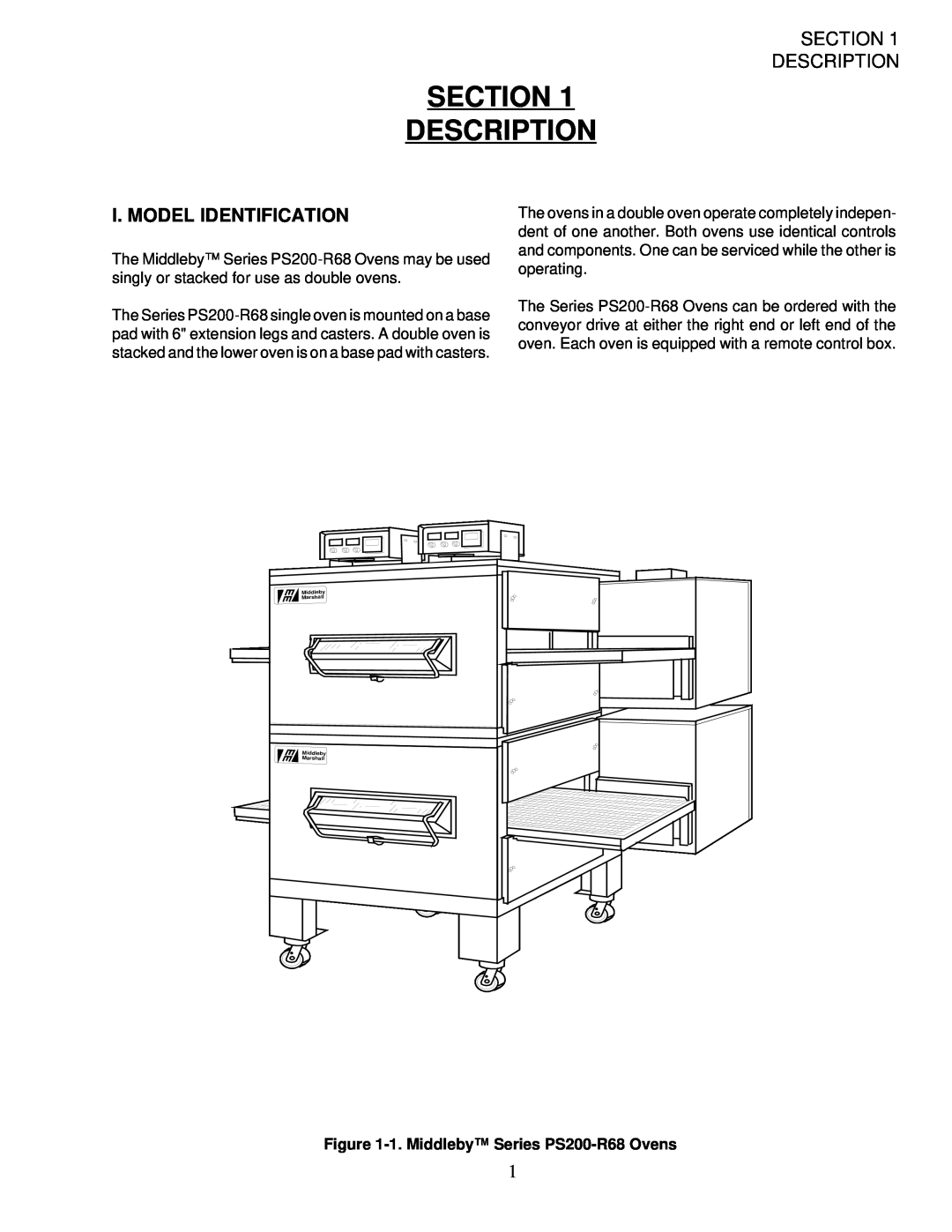 Middleby Marshall installation manual Section Description, I. Model Identification, 1.Middleby Series PS200-R68Ovens 