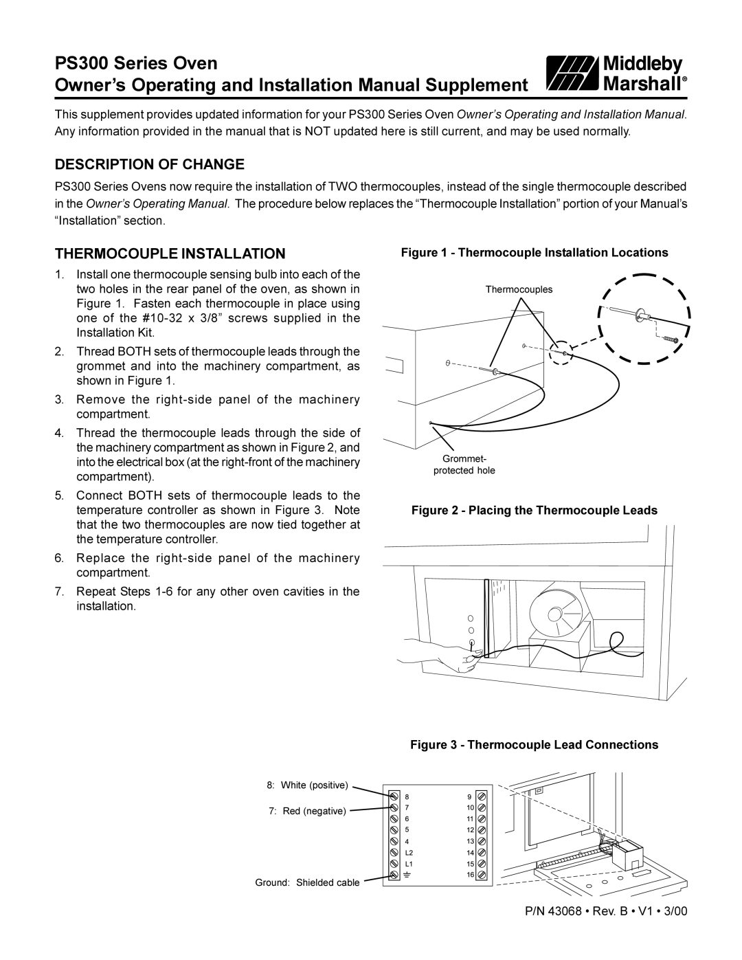 Middleby Marshall PS300 installation manual Description of Change, Thermocouple Installation 